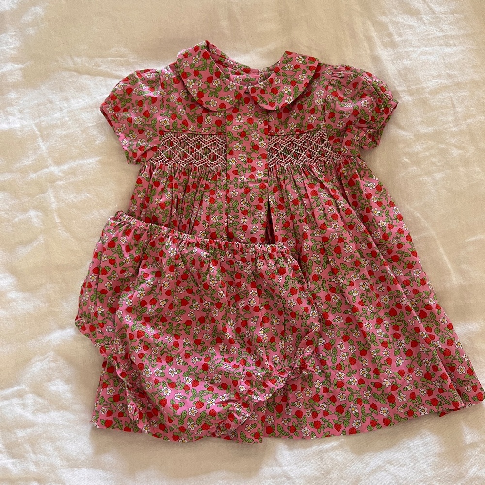 NWOT Question Everything Liberty Strawberry print smocked dress, sz 6-9M
